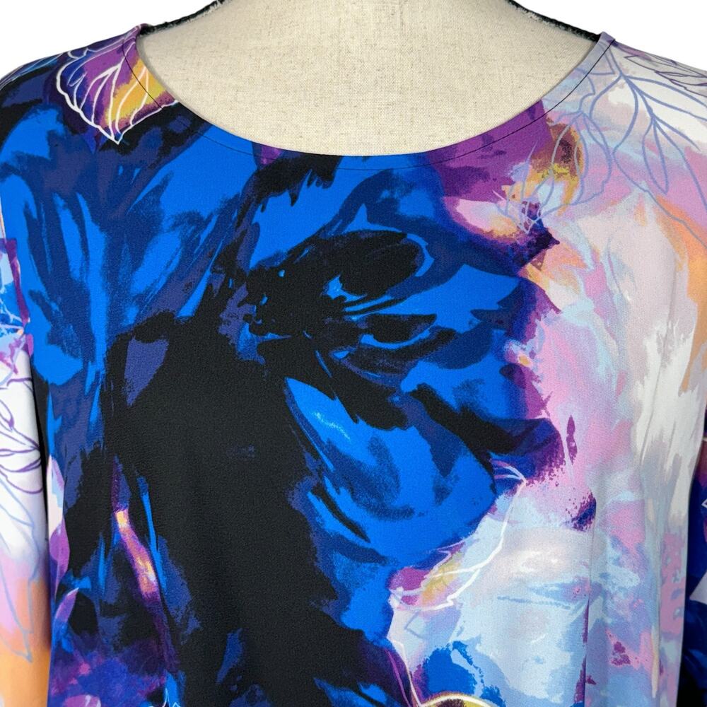 Dana Buchman Large Top Floral 3/4 Sleeves Round Neck Stretch Lightweight Knotted - Picture 2 of 9